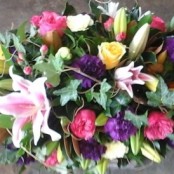 Long and Low Arrangement in pinks, mauves, lemons Please Edit (1470205508)